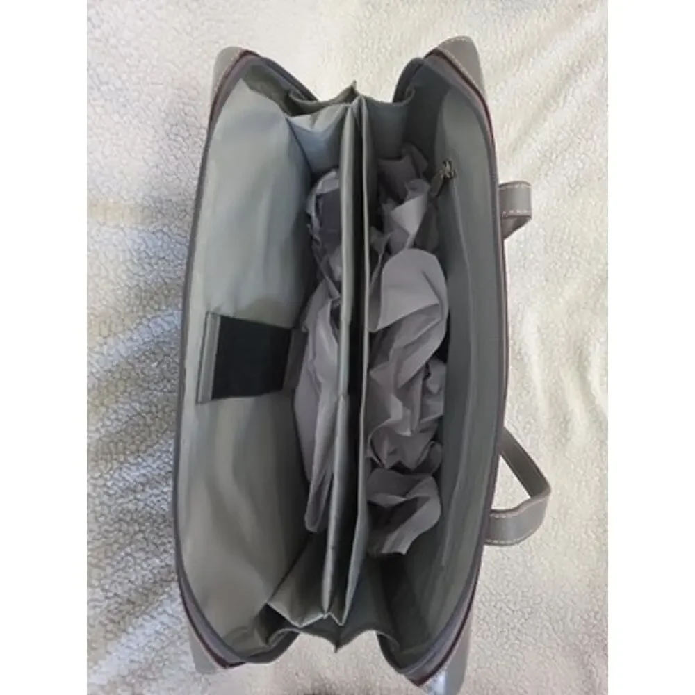 LODIS Leather Briefcase Laptop Work Tote Organizer Double Handles Gray Brown EUC